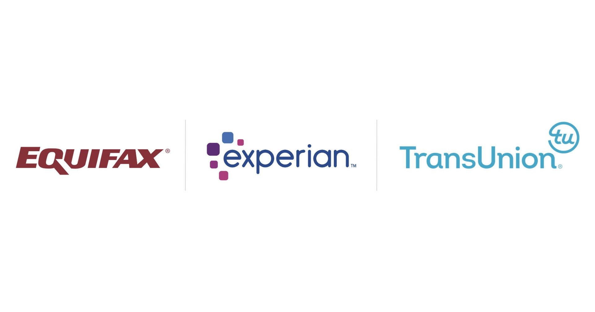 Logos of three major credit bureaus: Equifax, Experian, and TransUnion.