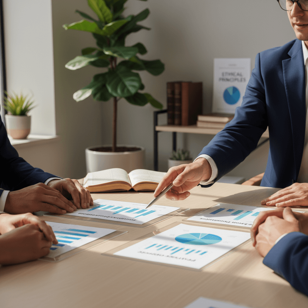 Financial advisor and client hands collaborating over transparent investment documents and profit-sharing charts at wooden table Financial advisor and client hands collaborating over transparent investment documents and profit-sharing charts at wooden table